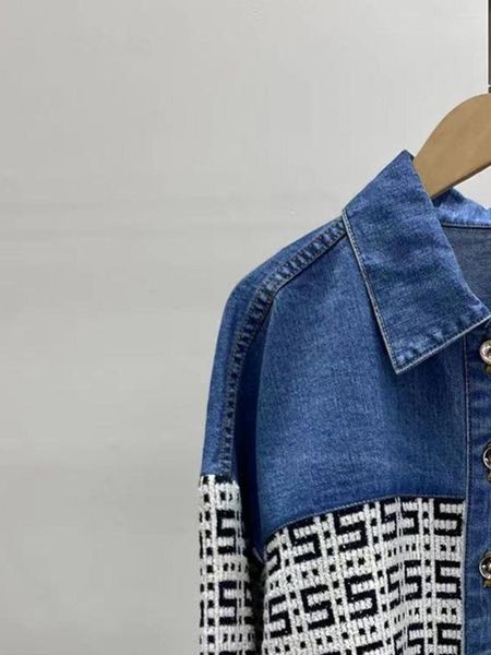 Kadın Ceketleri 2023 Kadın Mektuplar Patchwork Denim Ceket Erken Bahar Moda Bayanlar Temel Basit Basit Bekar Breated Tweed Kısa Ceket