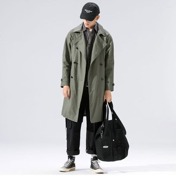 Trench da uomo Cappotto lungo solido in stile giapponese Giacca a vento da uomo Doppio petto Manf Cintura con risvolto Primavera Mantello Trench