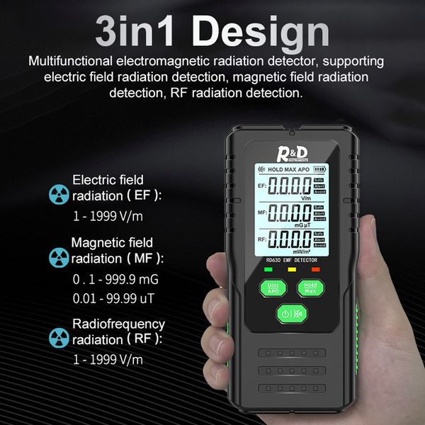 Strahlungstester 3in1 Elektrisches Feld Magnetfeld HF-Strahlungsdetektor Elektromagnetischer Strahlungstester EMF-Messgerät Radiofrequenz-Erkennungsmessgerät 230827