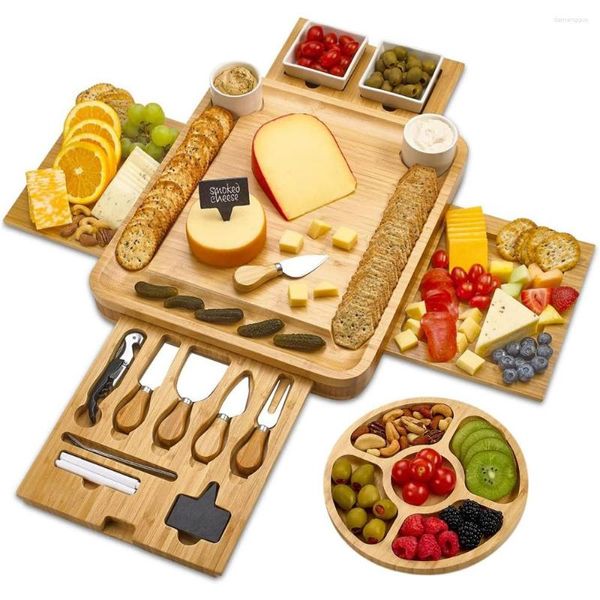 Teller Käsebrett – 2 Keramikschalen Servierteller. Magnetisches Bambus-Charcuterie-Besteckmesser-Set mit 4 Schubladen und runden Tablettgabeln