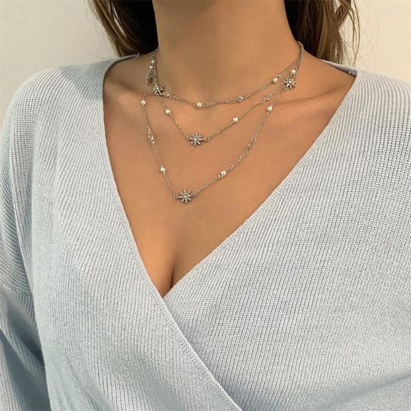 Colares Pingente Vintage Cor Prata Faux Pearl Clear Crystal Chain Sun Colar para Mulheres Feminino Boho Moda Multinível Gargantilha Jóias