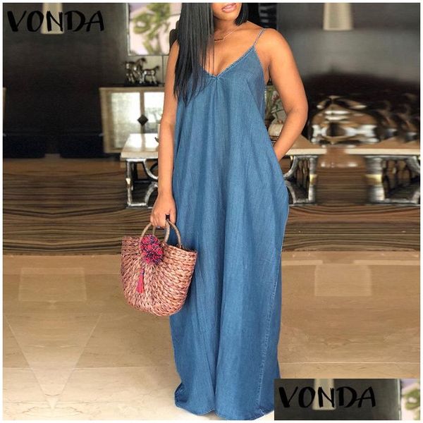 Grundlegende Freizeitkleider Sexy Strand Denim Maxi langes Kleid Frauen V-Ausschnitt trägerlos rückenfrei lose feste Kleidung Plus Size bodenlang V DHP2D