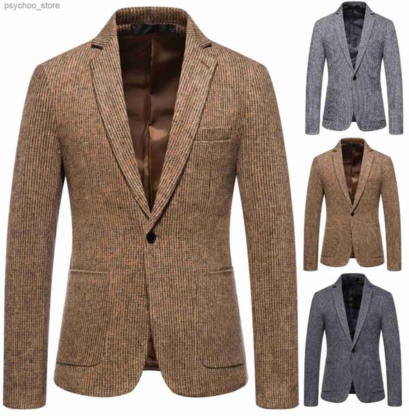 Terno masculino blazer marrom uma peça lapela colarinho de lã de casamento tweed formal casual bussiness jaqueta para padrinhos de casamento smoking q230828