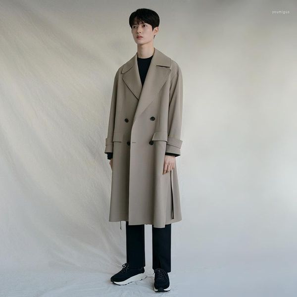 Trench da uomo autunno coreano sciolto solido collo alto giacca a vento di media lunghezza mantello kaki cappotto leggero maturo da uomo