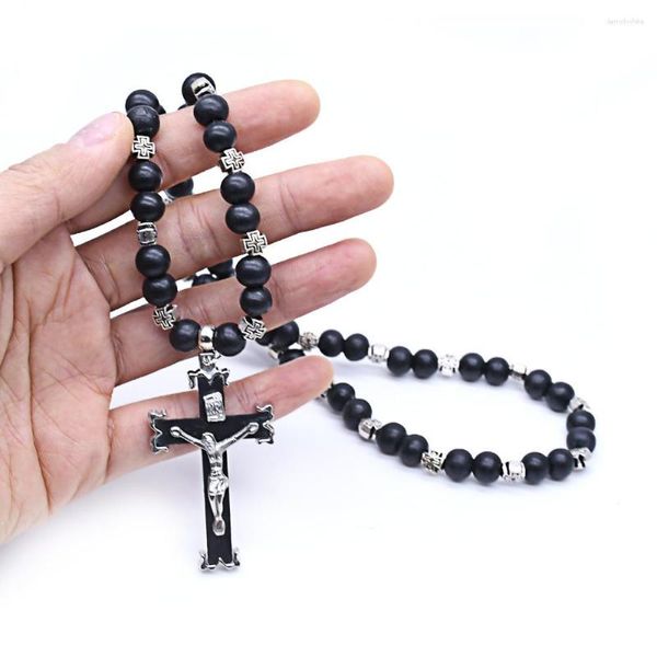 Collane con ciondolo Rosari da uomo in paracord nero Collana con croce di perline acriliche da 8 mm per rosario robusto cattolico soldato