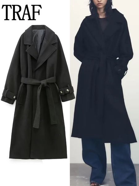 Mulheres misturas de lã traf preto casaco mulher inverno elegante falso pele de carneiro longo feminino cinto manga jaquetas em outerwears 230828