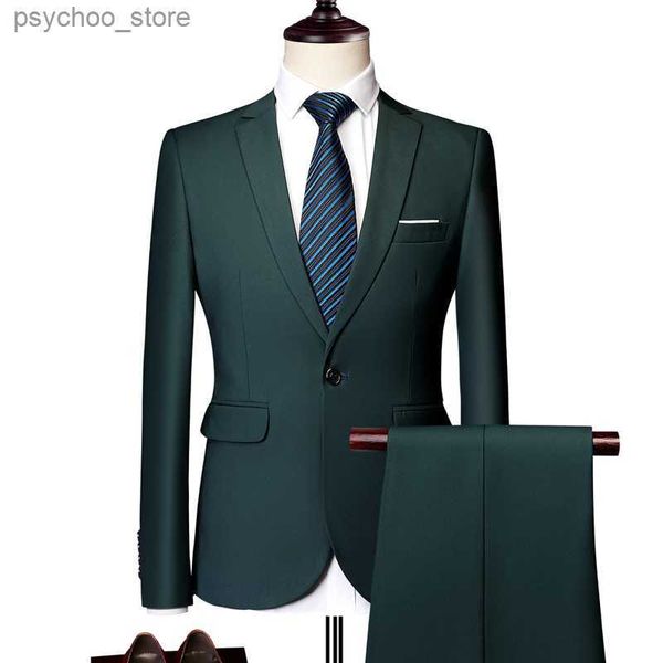 Conjunto de ternos formais masculinos (jaqueta + calças) de duas peças cor pura slim-fitting smoking negócios boutique moda masculina roupas terno conjunto q230828