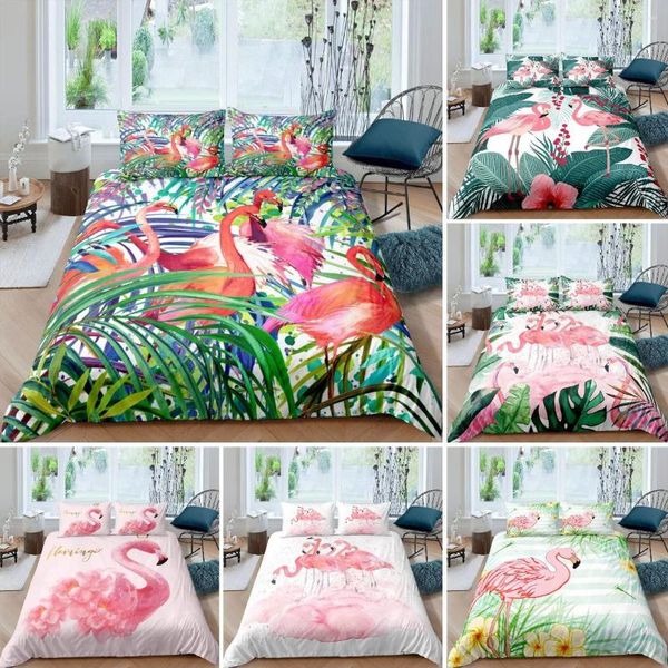 Bettwäsche-Sets, Flamingo-Bettbezug, Hawaii-Inseln, tropisches botanisches Blumenmuster, Palmenblatt, Polyester-Mikrofaser-Set für Kinder, Jungen und Mädchen