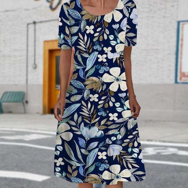 Vestidos casuais primavera e verão moda feminina em torno do pescoço manga curta plissada vestido de comprimento médio floral impressão senhoras com jaqueta mulheres