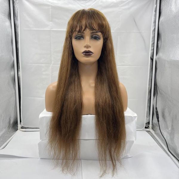 Parrucca lunga diritta per capelli umani in pizzo anteriore 26 pollici densità 150% # 4 colore con frangia per le donne 2023 anno stile giugno