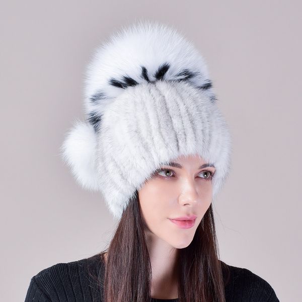 2023 feminino real vison pele chapéu de malha gorro esqui quente ao ar livre crânio chapéu w raposa bola pompom