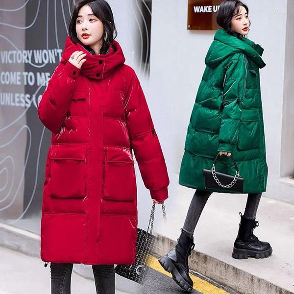 Casacos de trincheira femininos inverno quente brilhante para baixo jaqueta de algodão longo com capuz parka casaco feminino casual grosso à prova de frio jaquetas acolchoadas verde