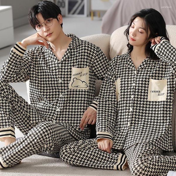 Pijamas femininos casal de malha algodão dos desenhos animados impressão pijamas para mulher casual pijama de manga comprida tops calças define amante da moda