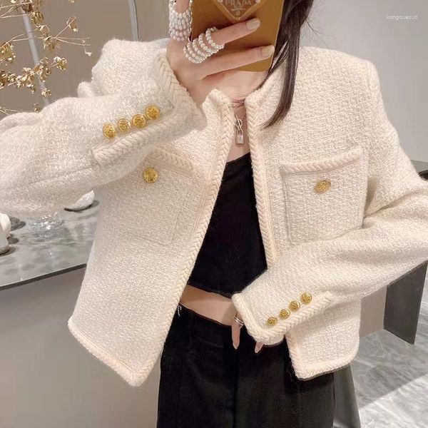 Jaquetas femininas 2023 outono branco tweed jaqueta de lã casaco moda designer mulheres o pescoço botão dourado bolsos tecer curto frança outerwear