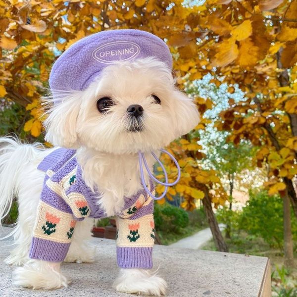 Abbigliamento per cani Maglione lavorato a maglia con fiori Abbigliamento per cani da compagnia Cardigan Viola Abbigliamento per cani Gatto Stampa calda Simpatico cotone Autunno Inverno Ragazza Chihuahua 230828