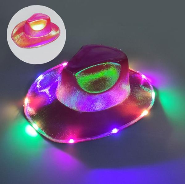 LED-weiß leuchtende Weltraum-Cowboyhüte, Neon-Cowgirl-Hut, holografische Rave-Fluoreszenzhüte mit verstellbarer, winddichter Kordel für Halloween-Kostümzubehör SN4208