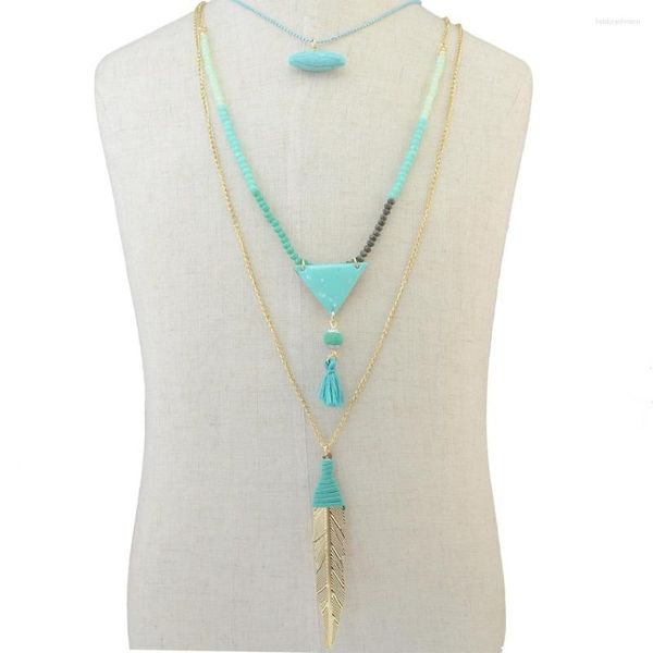 Anhänger Halsketten Türkische Stammes-Blatt-Quasten-Anweisung für Frauen-Kragen-Choker-Lätzchen-klobige blaue Stein-Halskette Boho Indien-Zigeuner-Schmuck
