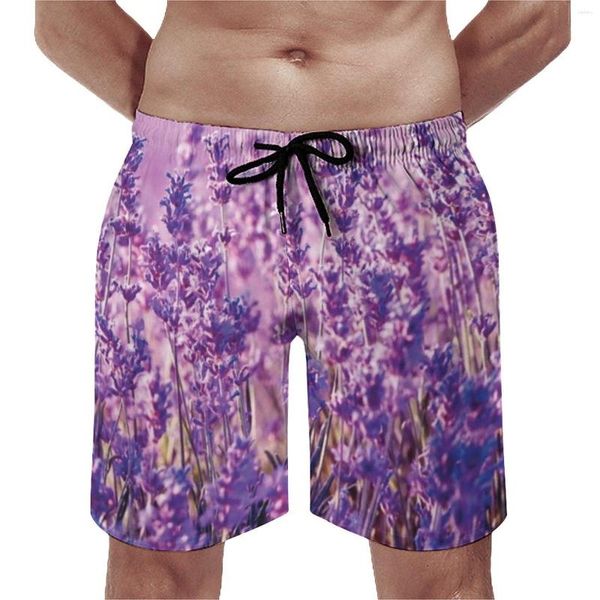 Herren-Shorts, Lavendelbrett, Sommer, lila Blumen, Druck, Sport, Strand, kurze Hosen, männlich, schnell trocknend, Hawaii, große Badehose