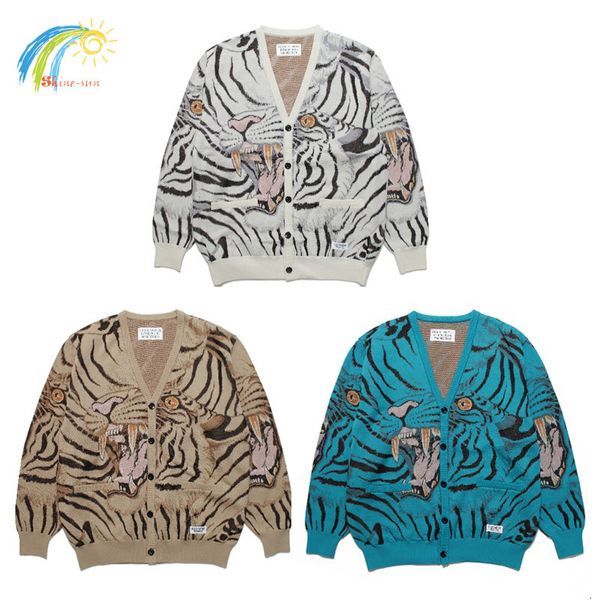 Maglioni da uomo Autunno Inverno Alta qualità WACKO MARIA Cardigan con bottoni Maglione Uomo Donna Oversize Tiger Jacquard Blu Bianco Kaki Cappotto con scollo a V 230826