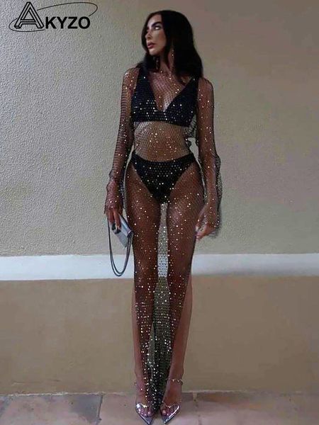 Grundlegende Freizeitkleider, glänzendes Strass-Gitter-Fischnetz-Kleid, langärmelig, O-Ausschnitt, hohles seitliches Schlitzkleid, sexy Strand-Vertuschung, atmungsaktiv, Damen-Vestidos 230828