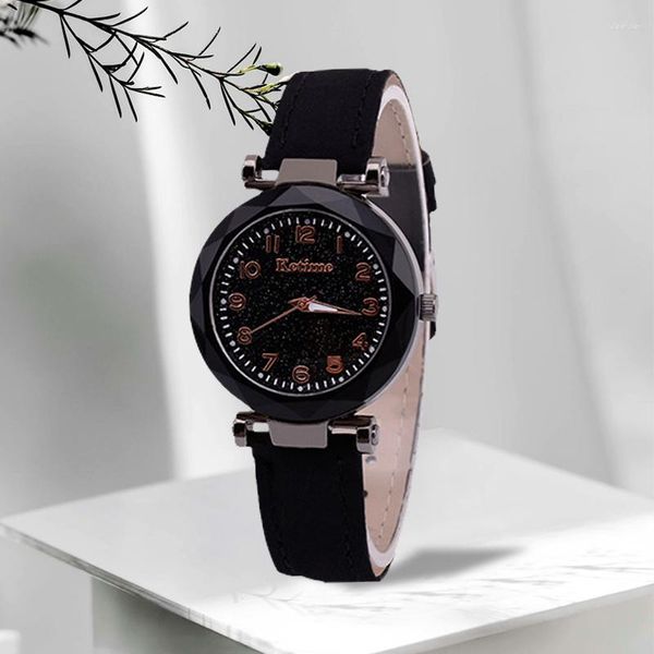 Relógios de pulso Preto Starry Sky Bright Women's Watch Coreano Rose Gold Quartz Womens Fashion Leather-Belt