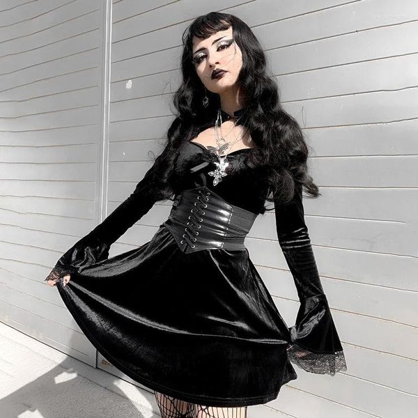 Lässige Kleider Goth Damen Solide Langarm Hohe Taille A-Linie Fließendes Samtkleid Ausgehöhlte Spitze Emo Grunge Halloween A-Linie