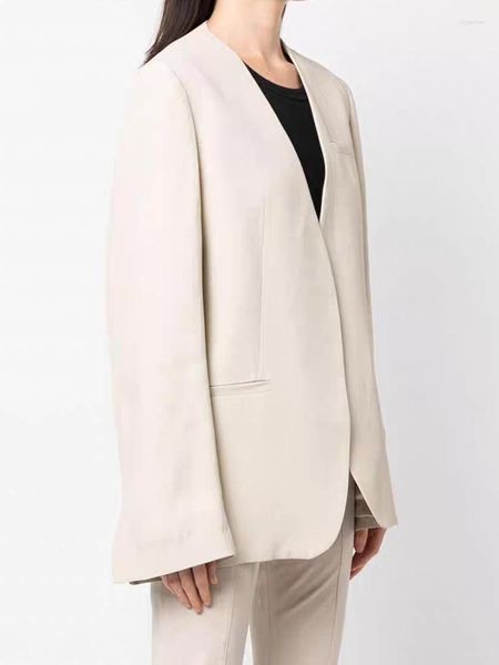 Ternos femininos mistura de linho terno casaco design minimalista com decote em v sem botões simples silhueta de deslocamento casual blazer para feminino 2023 outono