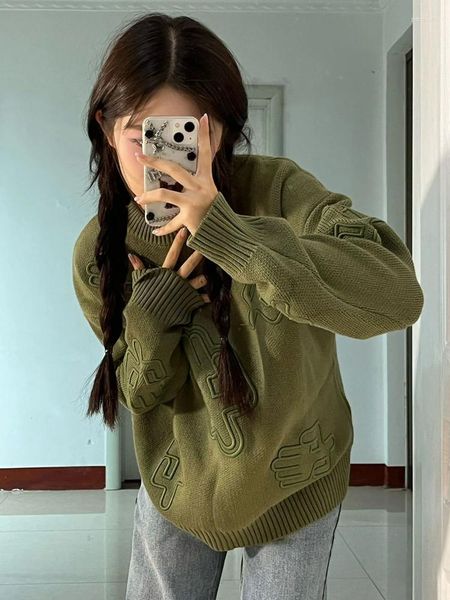 Suéter feminino verde de malha suéter feminino pulôveres de grandes dimensões outono inverno vintage senhoras harajuku impressão jumper streetwear