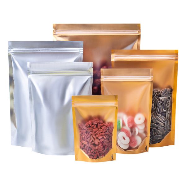 wholesale Lamina di Mylar dorata Stand Up Busta autosigillante Guarnizione autoadesiva Sigillo a strappo Tacca riutilizzabile Doypack Sacchetti per imballaggio di snack per alimenti