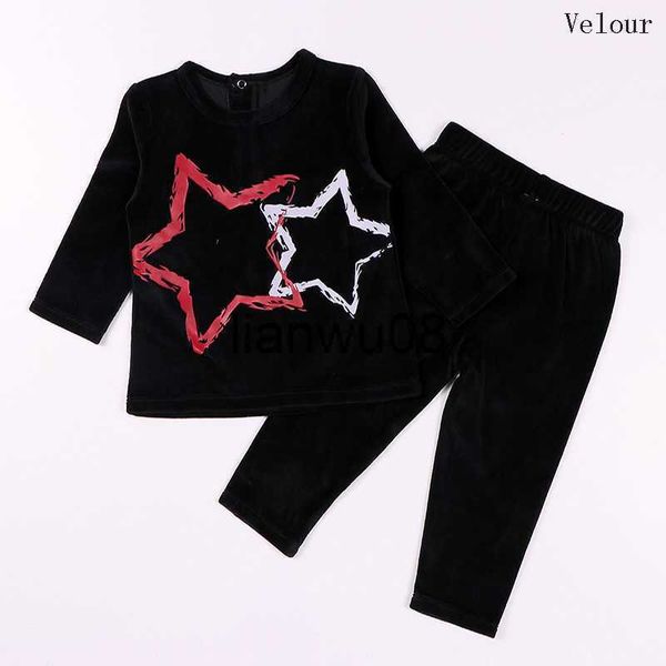 Kleidungssets 2-teiliges Babykleidungsset mit langen Ärmeln, Oberteil und Hose, Kinder-Freizeitset mit Sterndesign, Kinderkleidung, schwarzer Velours, modische Kleidung x0828