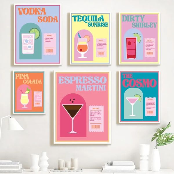 Nordic Cartoon Cocktail Poster Espresso Spritz Frutta Succo Vino Bevande Tela Pittura Immagini di arte della parete per cucina Bar Club Sala da pranzo Decor Senza cornice Wo6