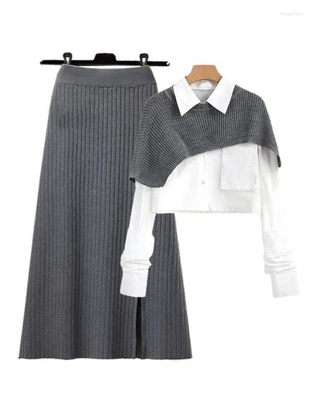 Jaquetas femininas primavera outono tamanho grande xale camisa de três peças conjunto de cintura alta tricô meia saia feminina moda 3 peça