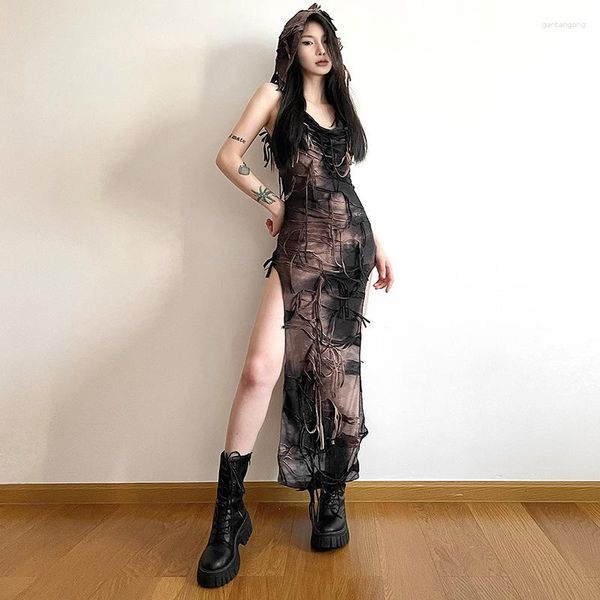 Повседневные платья готические капюшоны Midi Goth Dark Tassel Vintage Fairy Grunge Y2K Сексуальное платье с высоким расщеплением