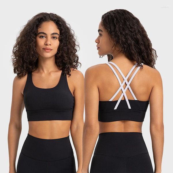 Yoga Outfit Color Block Strappy Sports Bras Mulheres Crisscross Voltar Suporte Médio Acolchoado Ginásio Fitness Bra Ribbed Push Up Crop Tank Top