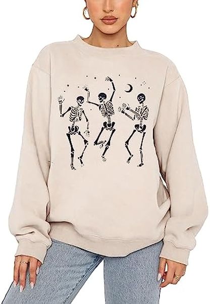 Moletom feminino com esqueleto de dança de Halloween, temporada assustadora, caveira de horror, pulôver estampado, camiseta grande