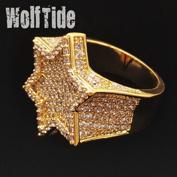 Kübik Zirkonya Altıgen Yıldız Parmak Band Ring Pentagram Gerçek Beyaz Altın Koyu Yeşil Buzlu Renk Koruma Bling Pırlanta Rapçi Yüzük Hip Hop Rapçi Takı Hediyeleri