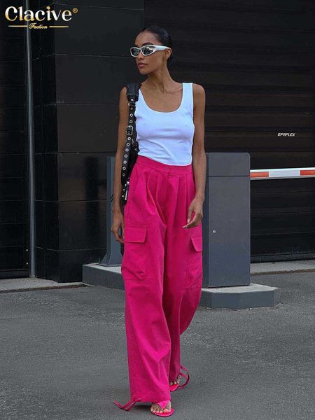 Женские брюки Capris Clacive Retro Roy Pink Pink Cargo Pants Женская осенняя мода высокая талия широкая брюки уличная одежда Hip Hop Pockets T230825