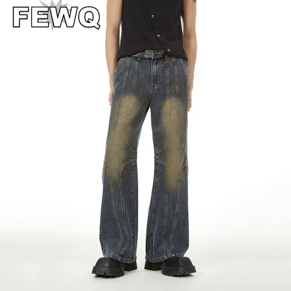 Мужские джинсы с множеством Q -нишевая трехмерная резка дизайн резки Прямо изношенные джинсовые брюки Мужские осенние брюки 24B3332 230828