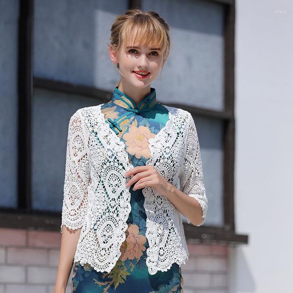 Jaquetas femininas Mulheres Algodão Crochet Bonito Tops Floral Bordado Chiffon Manga Cobrir Colheita Verão Praia Estilo Doce Retro