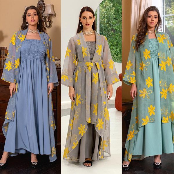 Roupas étnicas moda gaze 2 peça conjuntos muçulmanos abaya cinza estilingue toda a temporada dubai vestido de luxo para mulheres festa de noite