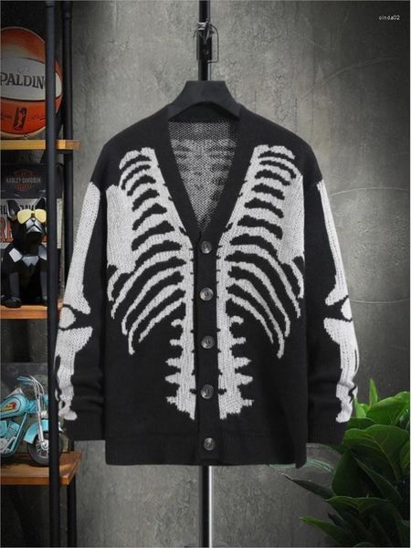 Suéter masculino cardigan harajuku retrô caveira impressa suéter de manga comprida outono inverno com decote em v casaco de botão