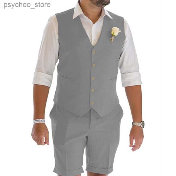 Terno de verão para homens linho 2 peça colete com decote em v com shorts praia casamento noivo melhor homem vestido grande e alto feito sob encomenda masculino conjunto q230828