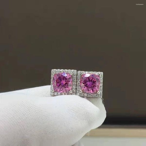 Серьги -герметики Fidelity 1ct Розовый круглый мойссанит алмаз прошел тест 925 стерлинговой серебряной невесты, жениться на роскошных украшениях