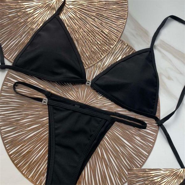 Schwimmen Tragen Trendy Metall Kette Bikini Set Solide Schwarz Farbe Brief Badebekleidung Sommer Beachwear Mit Tags Für Damen Geschenk Drop lieferung Dh4Tl