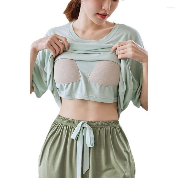 Mulheres sleepwear mulheres pijamas conjunto com almofadas de peito modal manga curta tops e shorts 2 peças verão solto casa desgaste lazer terno de dormir