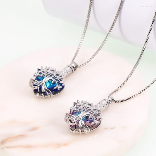 Anhänger Halsketten Baum des Lebens Urne Halskette für Asche mit blauem buntem Kristall Kreative Herz Feuerbestattung Schmuck Frauen Mädchen Geschenke