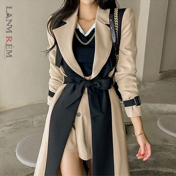 Mulheres misturas de lã Lanmrem elegante gola entalhada senhora retalhos blusão manga completa botões com cinto mulheres longas trench coats inverno 2w1922 230828