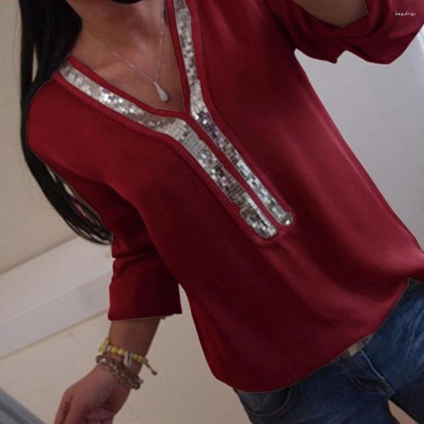 Camicette da donna Camicetta grande con paillettes 2023 Primavera con scollo a V Manica lunga Top casual e camicia femminile bianca solida in chiffon