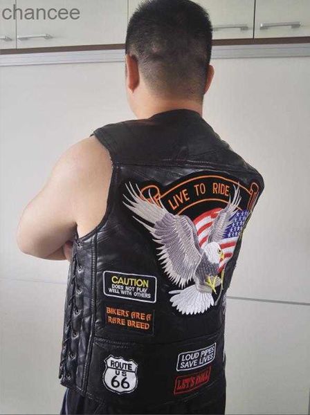 Gilet da motociclista in vera pelle da uomo di marca BONJEAN con 14 toppe Bandiera degli Stati Uniti Aquila Gilet da motociclista Pelle di pecora di alta qualità US S-4XL HKD230828