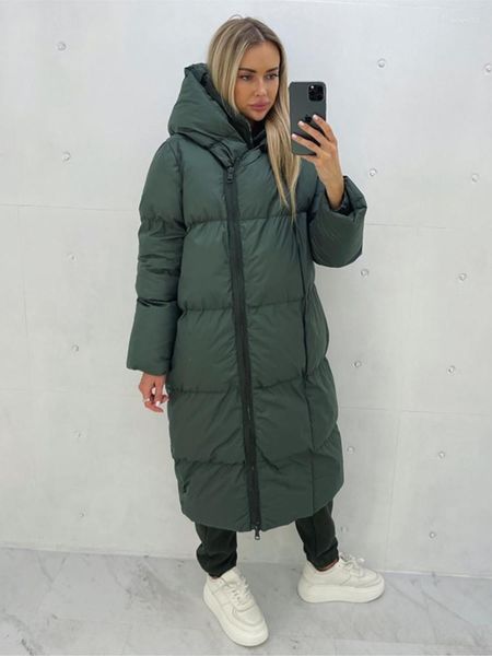 Mulheres Trench Coats Inverno Zipper Grande Chapéu Solto Longo Sólido Parkas Mulheres Moda Cocoon Tipo Elegante Com Capuz Algodão Acolchoado Jaquetas